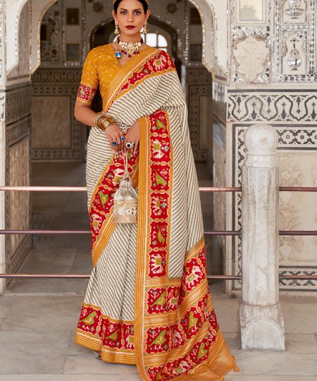 Off White Soft Cotton Silk Patola Saree - dvz0003271