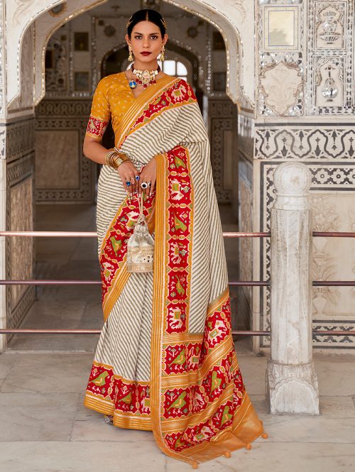 Off White Soft Cotton Silk Patola Saree - dvz0003271