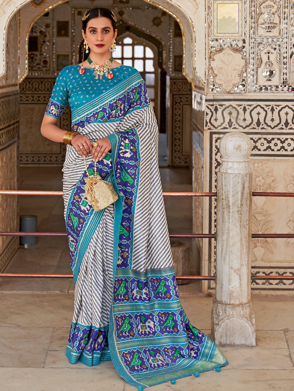 Buy Women's Hand Block Bandhani Print Pure Soft Cotton Saree Grey Multi  Colour Zari Border with Blouse Piece (rangat blue) at Amazon.in