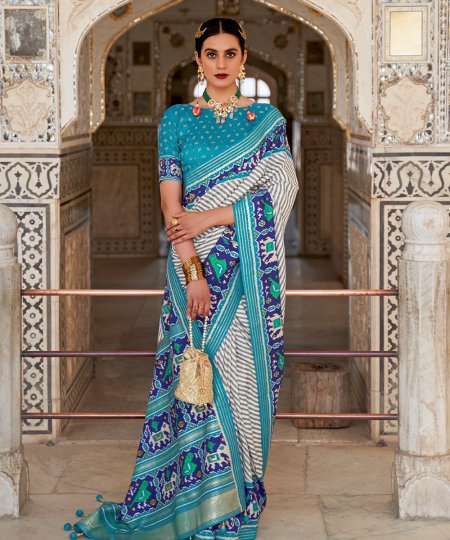 Off White Soft Cotton Silk Patola Saree - dvz0003273