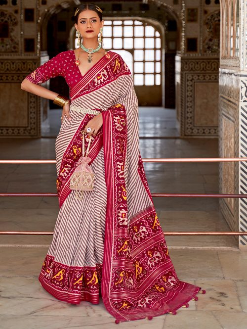 Off White Soft Cotton Silk Patola Saree - dvz0003274