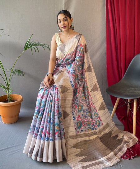 Off White Tusser Sarees with Kalamkari Prints all over - dvz0003294