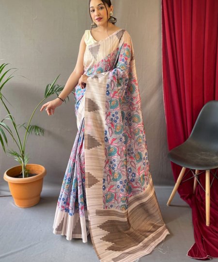 Off White Tusser Sarees with Kalamkari Prints all over - dvz0003294