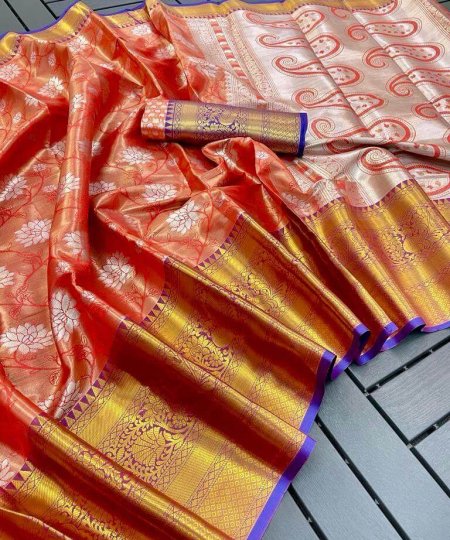 orange Banarasi Silk Saree look DV405