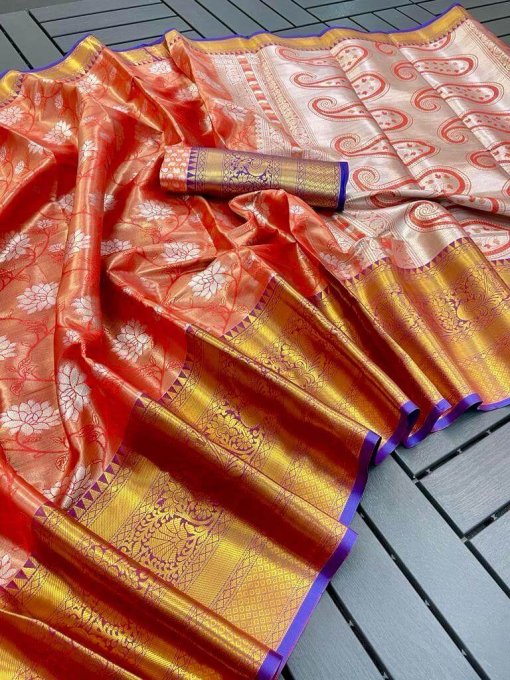 orange Banarasi Silk Saree look DV405