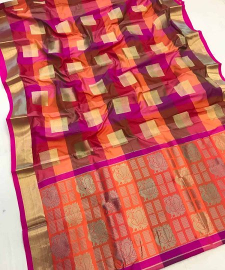 orange Color Big Checked Silk Party wear silk Saree dvz0003555