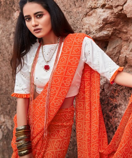 Orange Crush Georgette Saree With Mirror Blouse - dvz0003225