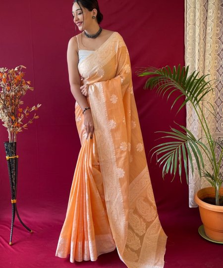 Orange Linen Lucknowi based Weaving on border and pallu - dvz0003309