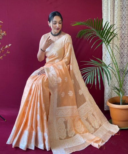 Orange Linen Lucknowi based Weaving on border and pallu - dvz0003309