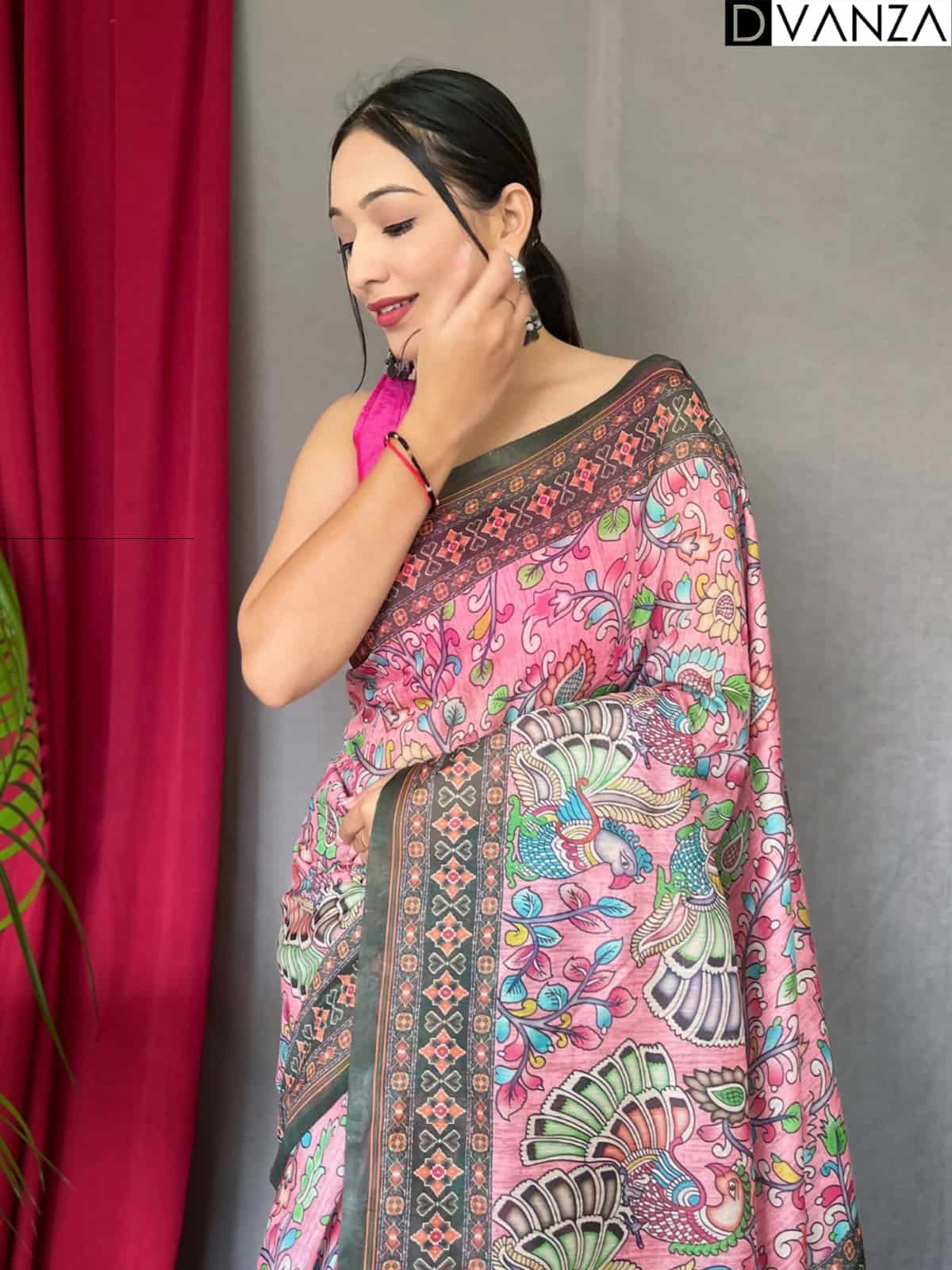 pink Malai cotton saree with Kalamkari print dvz0003634-2