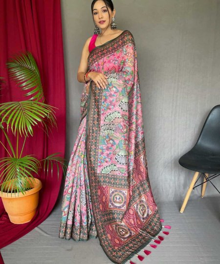 pink Malai cotton saree with Kalamkari print dvz0003634-3