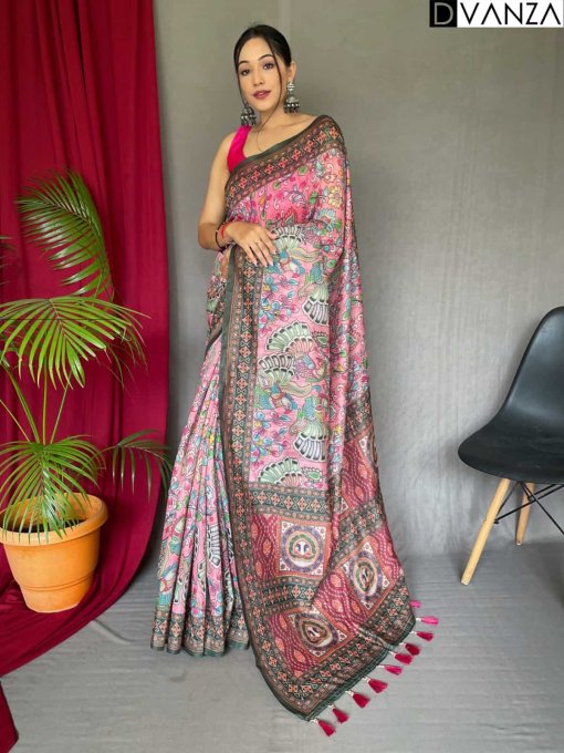 pink Malai cotton saree with Kalamkari print dvz0003634-3