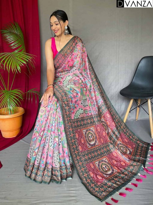 pink Malai cotton saree with Kalamkari print dvz0003634