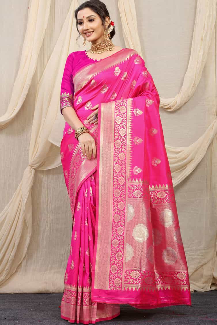 pink color Kanchipuram silk wedding function wear saree DVZ0003519