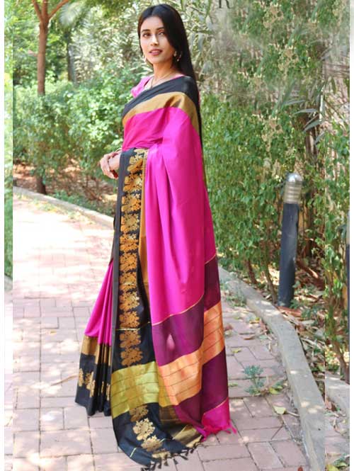 Pink Cotton Silk Saree with Extra Blose Piece - Rich Mayurica - buy sarees online