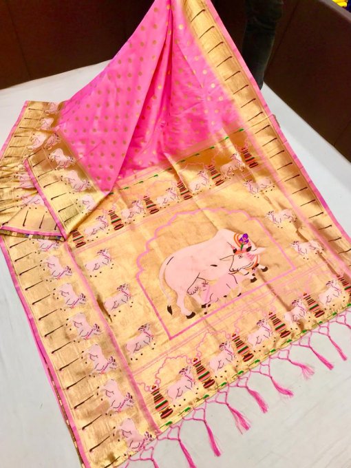 Pink Kanchipuram Silk Saree with Cow Pattern Woven Border