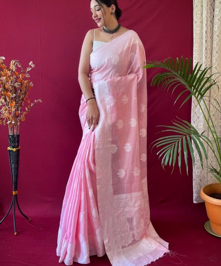 Pink Linen Lucknowi based Weaving on border and pallu - dvz0003310