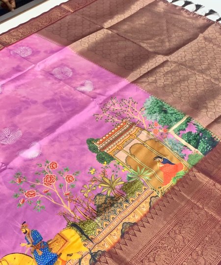 Pink Soft Banarasi Silk Kalamkari Block Print saree - dvz0003611