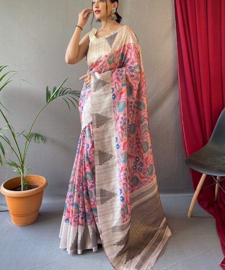 Pink Tusser Sarees with Kalamkari Prints all over - dvz0003295