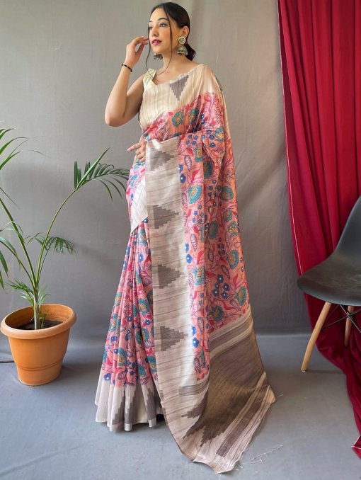 Pink Tusser Sarees with Kalamkari Prints all over - dvz0003295