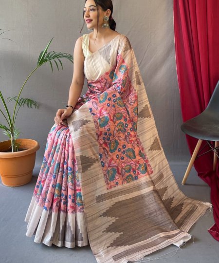 Pink Tusser Sarees with Kalamkari Prints all over - dvz0003295