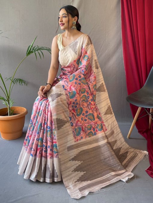 Pink Tusser Sarees with Kalamkari Prints all over - dvz0003295