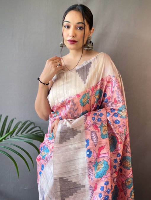 Pink Tusser Sarees with Kalamkari Prints all over - dvz0003295