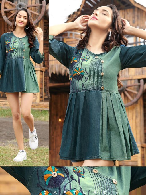 Pure Cotton Denim Kurti with Embroidery Work on dvanza - dvz0003435