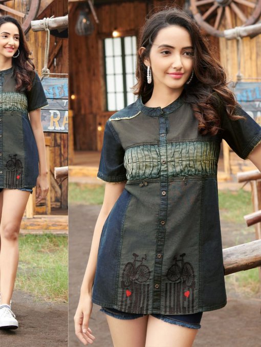 Pure Cotton Denim Kurti with Embroidery Work - dvz0003436