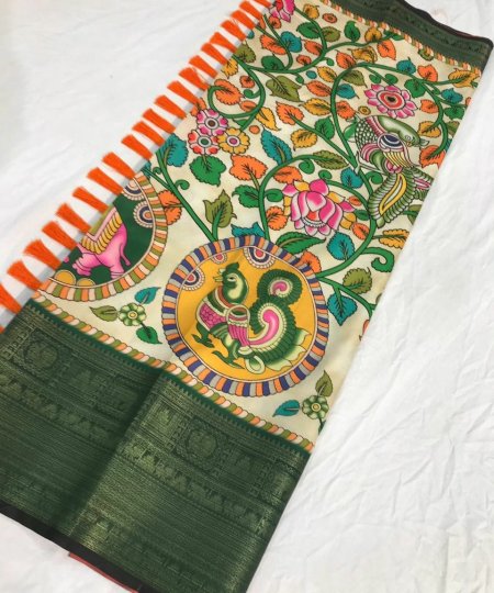 Pure Kanchipuram Digital Printed Saree with Kalamkari Print - dvz0003363