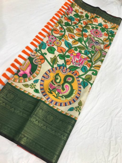 Pure Kanchipuram Digital Printed Saree with Kalamkari Print - dvz0003363