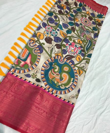 Pure Kanchipuram Digital Printed Saree with Kalamkari Print - dvz0003365