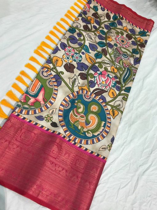 Pure Kanchipuram Digital Printed Saree with Kalamkari Print - dvz0003365