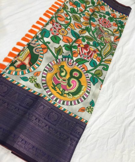 Pure Kanchipuram Digital Printed Saree with Kalamkari Print - dvz0003366