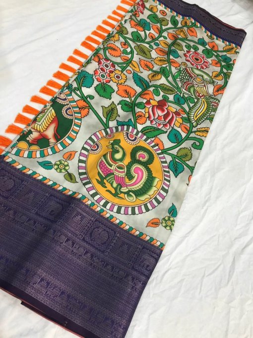 Pure Kanchipuram Digital Printed Saree with Kalamkari Print - dvz0003366