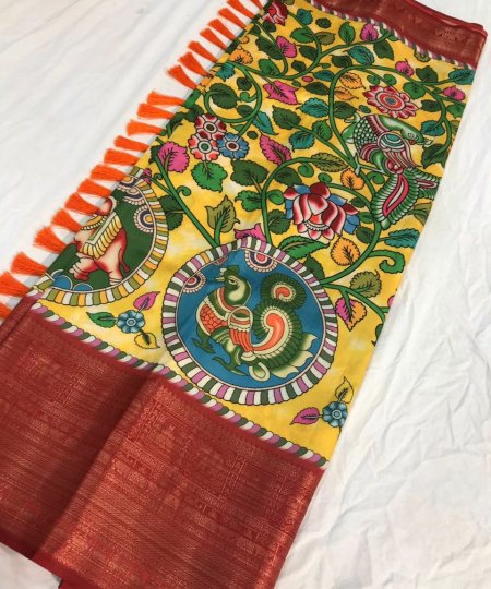 Pure Kanchipuram Digital Printed Saree with Kalamkari Print - dvz0003367