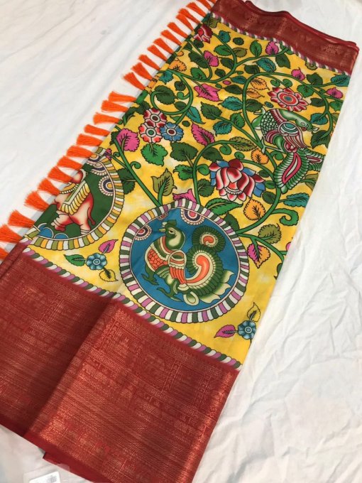 Pure Kanchipuram Digital Printed Saree with Kalamkari Print - dvz0003367