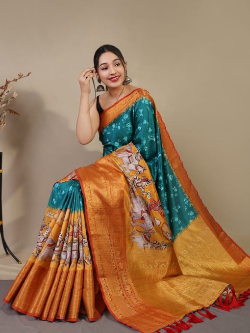 Pure kanchipuram saree with 3D kalamkari prints - dvz0003287