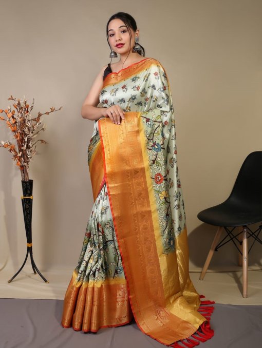 Pure kanchipuram saree with 3D kalamkari prints - dvz0003288