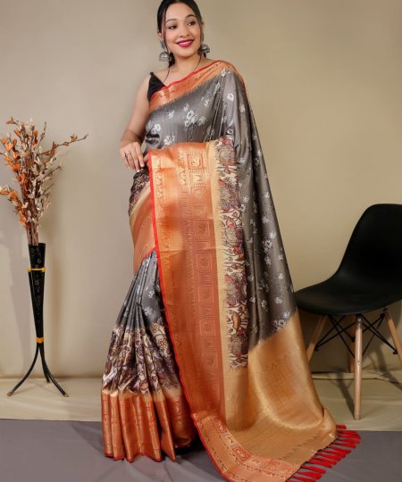 Pure kanchipuram saree with 3D kalamkari prints - dvz0003289