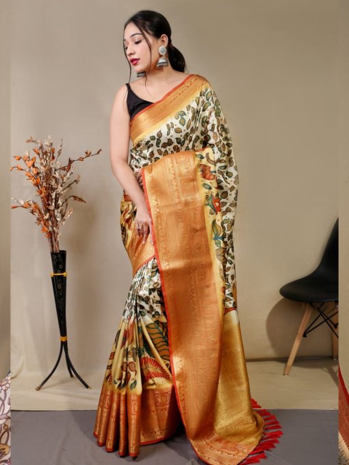 Pure kanchipuram saree with 3D kalamkari prints - dvz0003290