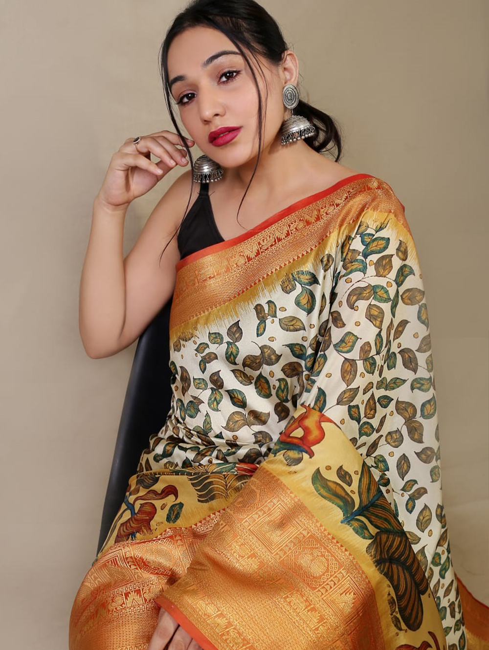 Buy online Banarasi Silk Saree with 3D Kalamkari Print attached by tassels  -Multi-AF1773