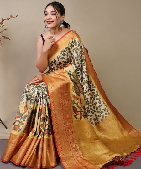 Pure kanchipuram saree with 3D kalamkari prints - dvz0003290