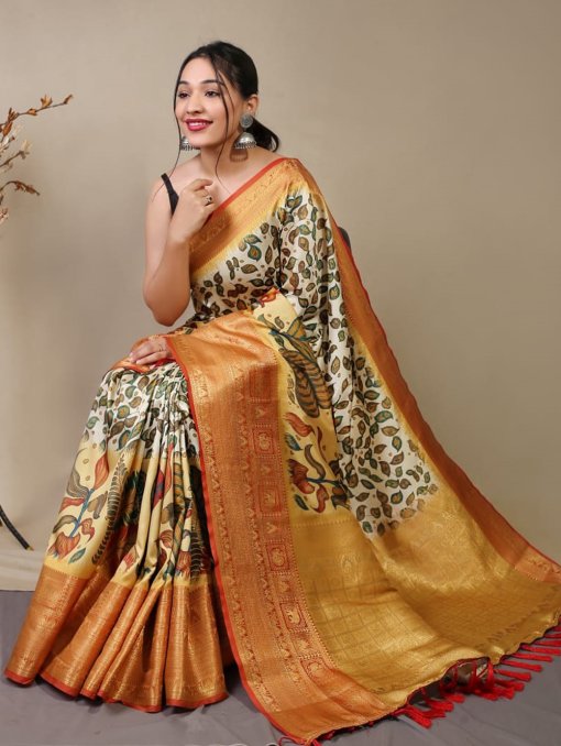 Pure kanchipuram saree with 3D kalamkari prints - dvz0003290