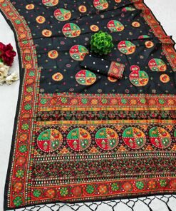 Black Pure Kashmiri Pashmina Silk Saree with vibrant Meena weaving and a stunning designer pallu.