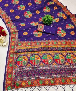 Blue Pure Kashmiri Pashmina Silk Saree with vibrant Meena weaving and a stunning designer pallu.