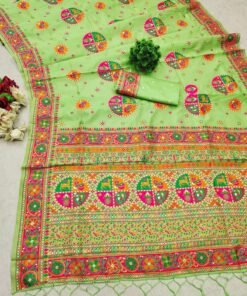 Light Green Pure Kashmiri Pashmina Silk Saree with vibrant Meena weaving and a stunning designer pallu.