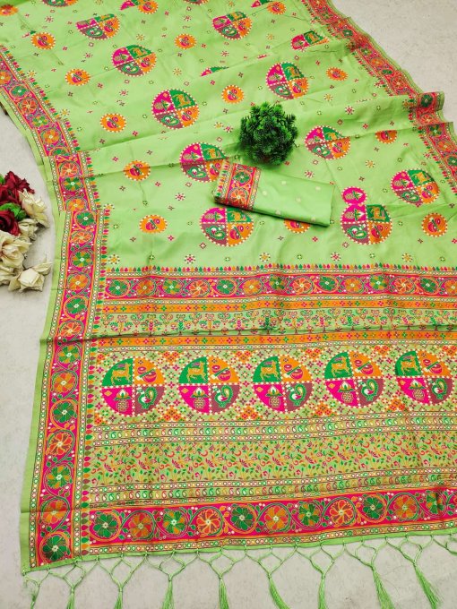 Light Green Pure Kashmiri Pashmina Silk Saree with vibrant Meena weaving and a stunning designer pallu.