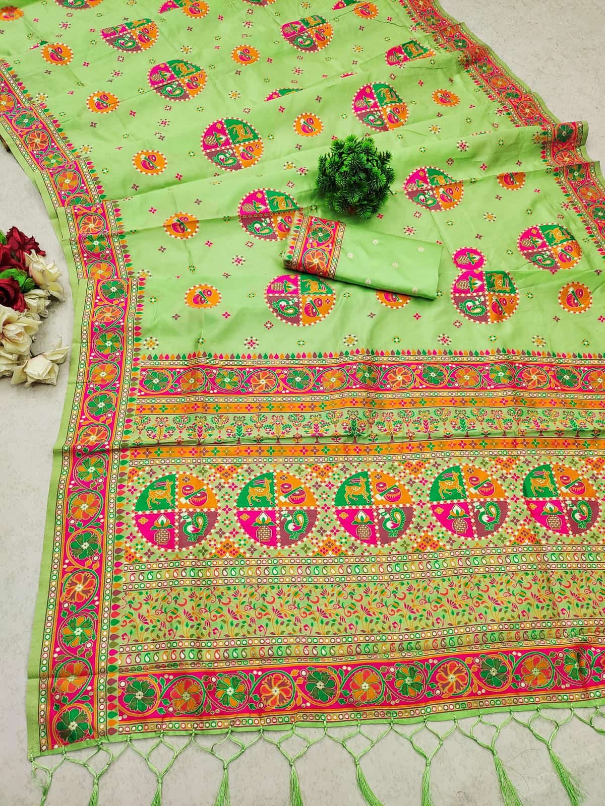 Light Green Pure Kashmiri Pashmina Silk Saree with vibrant Meena weaving and a stunning designer pallu.
