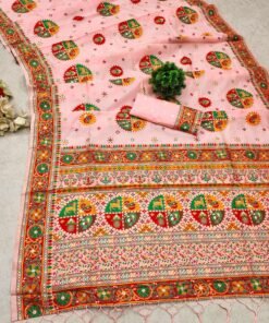 Light Pink Pure Kashmiri Pashmina Silk Saree with vibrant Meena weaving and a stunning designer pallu.